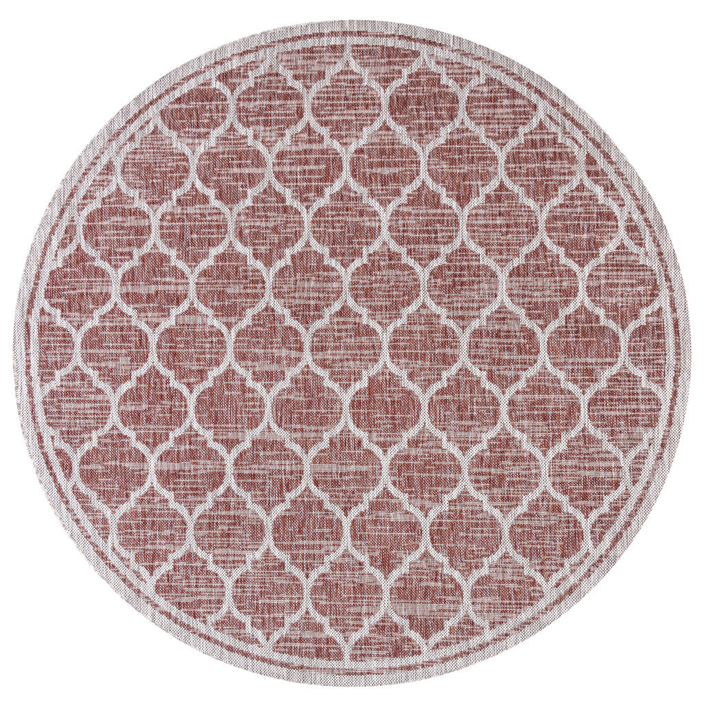 9' Red And Beige Round Geometric Indoor Outdoor Area Rug - GreatEagleInc