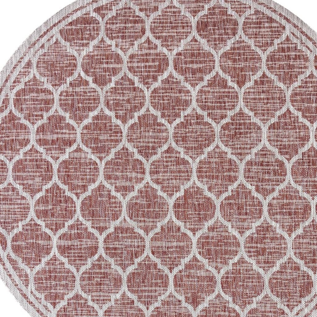 9' Red And Beige Round Geometric Indoor Outdoor Area Rug - GreatEagleInc