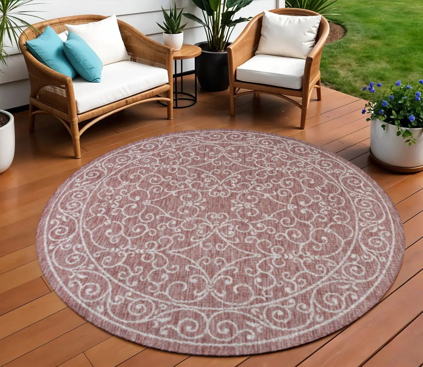 9' Red And Beige Round Medallion Indoor Outdoor Area Rug Homeroots Outdoor