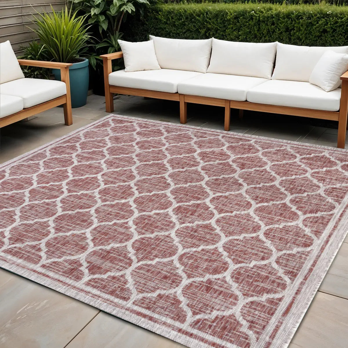 9' Red And Beige Square Geometric Indoor Outdoor Area Rug Homeroots Outdoor
