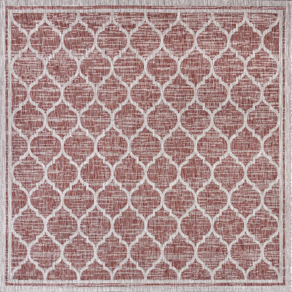 9' Red And Beige Square Geometric Indoor Outdoor Area Rug Homeroots Outdoor