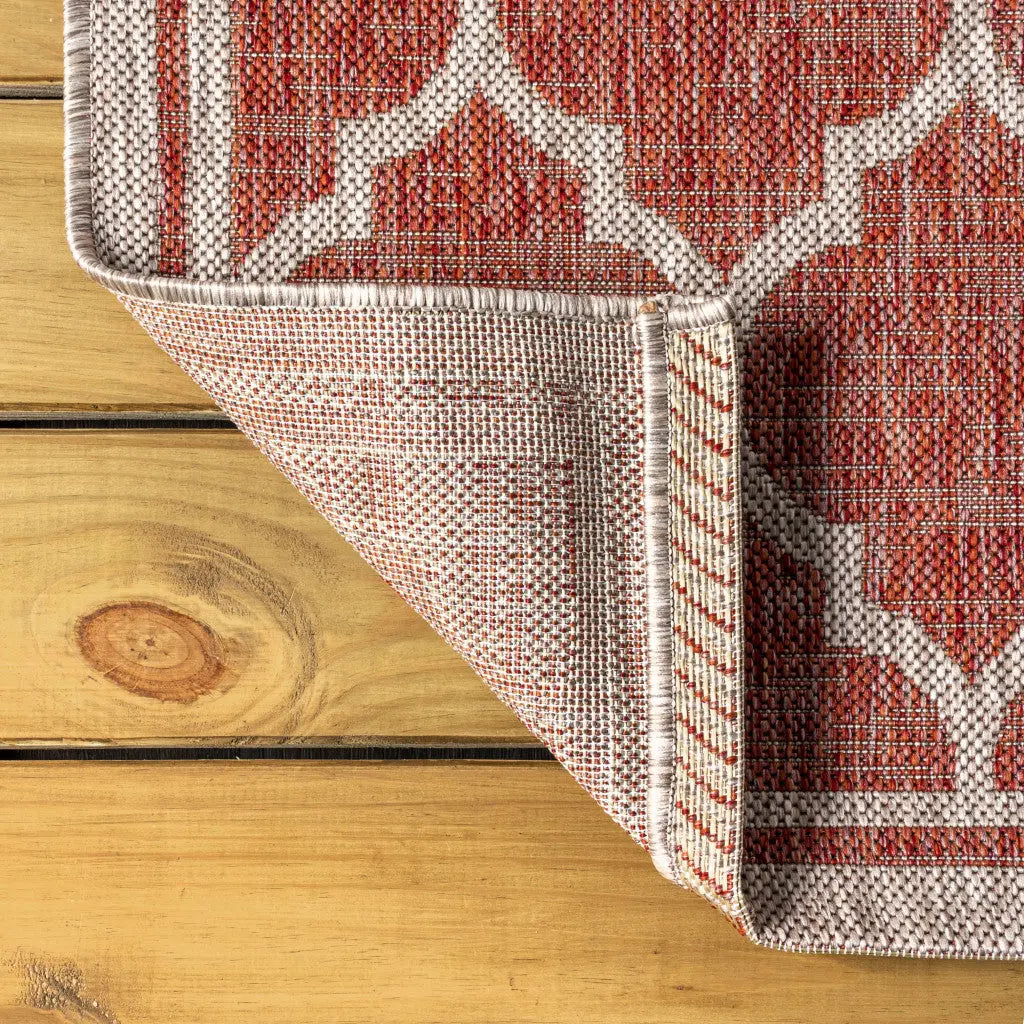9' Red And Beige Square Geometric Indoor Outdoor Area Rug Homeroots Outdoor