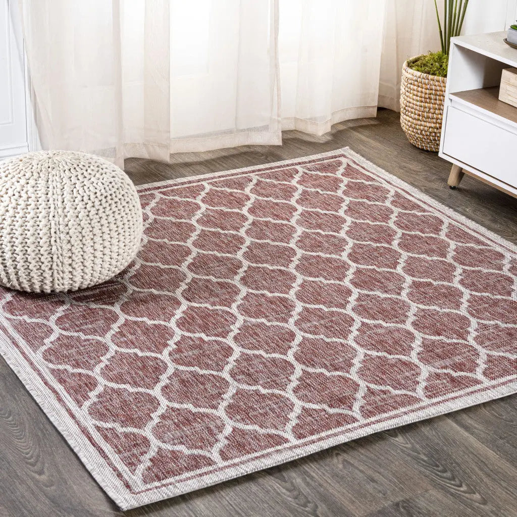 9' Red And Beige Square Geometric Indoor Outdoor Area Rug Homeroots Outdoor