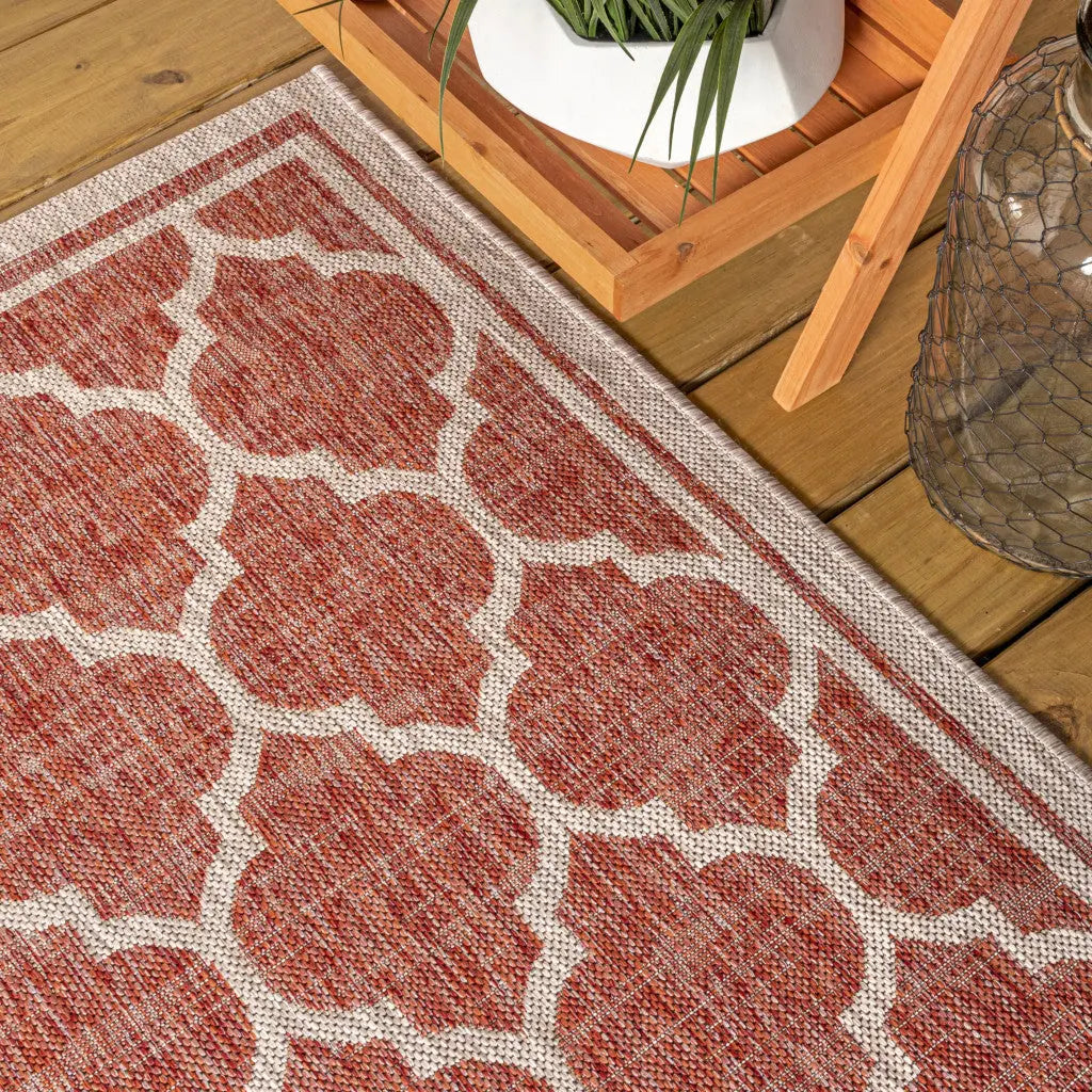 9' Red And Beige Square Geometric Indoor Outdoor Area Rug Homeroots Outdoor