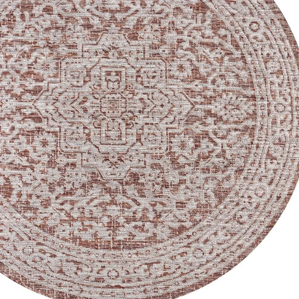 9' Red And Taupe Round Medallion Indoor Outdoor Area Rug Homeroots Outdoor
