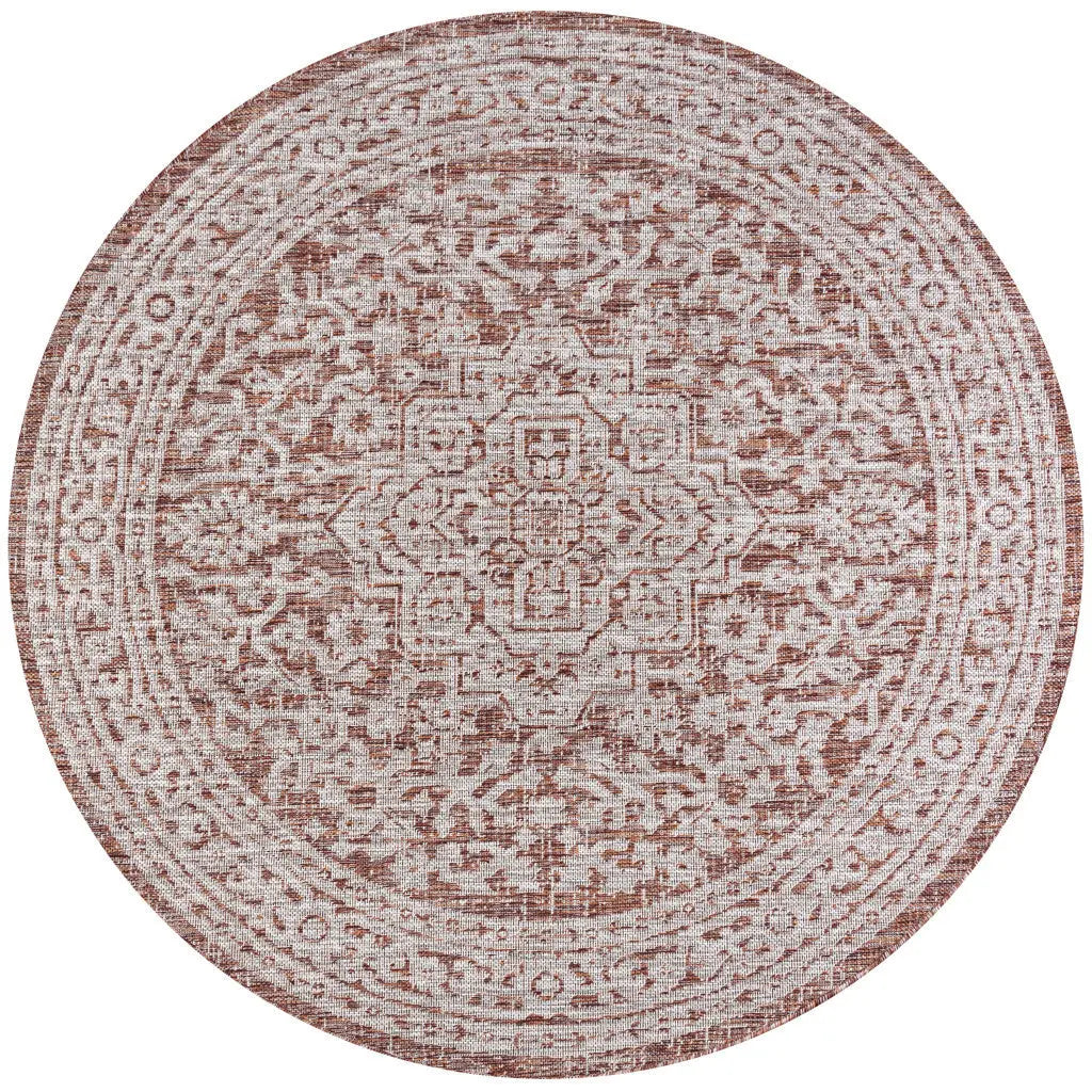 9' Red And Taupe Round Medallion Indoor Outdoor Area Rug Homeroots Outdoor