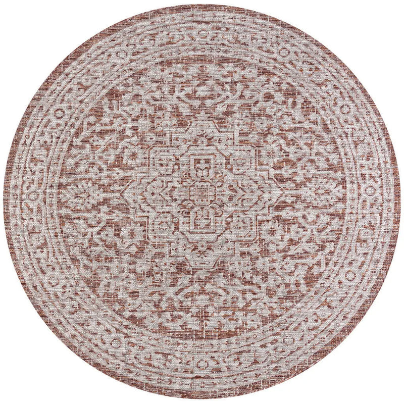 9' Red And Taupe Round Medallion Indoor Outdoor Area Rug Homeroots Outdoor