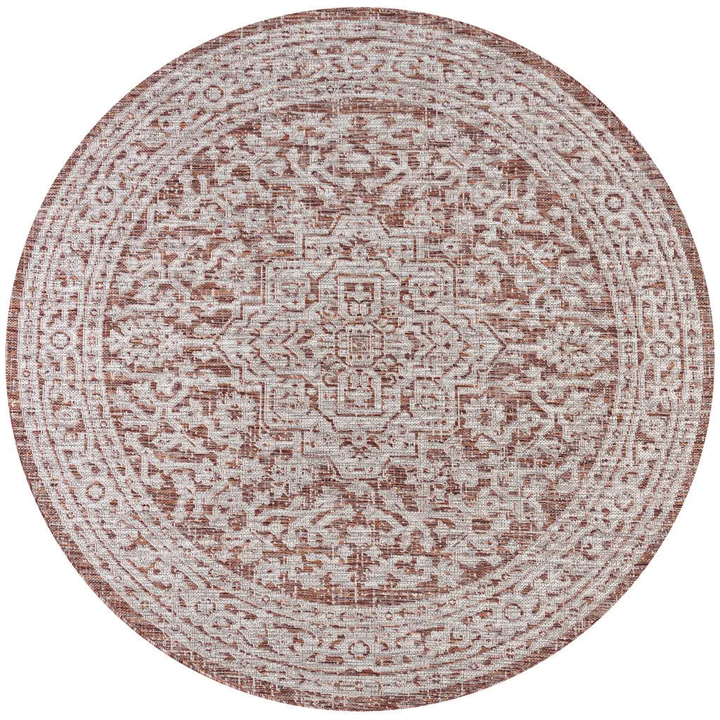 9' Red And Taupe Round Medallion Indoor Outdoor Area Rug Homeroots Outdoor