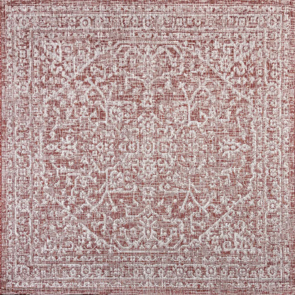 9' Red And Taupe Square Medallion Indoor Outdoor Area Rug Homeroots Outdoor
