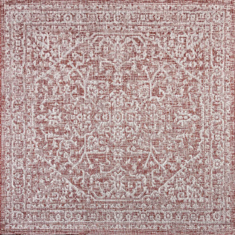 9' Red And Taupe Square Medallion Indoor Outdoor Area Rug Homeroots Outdoor