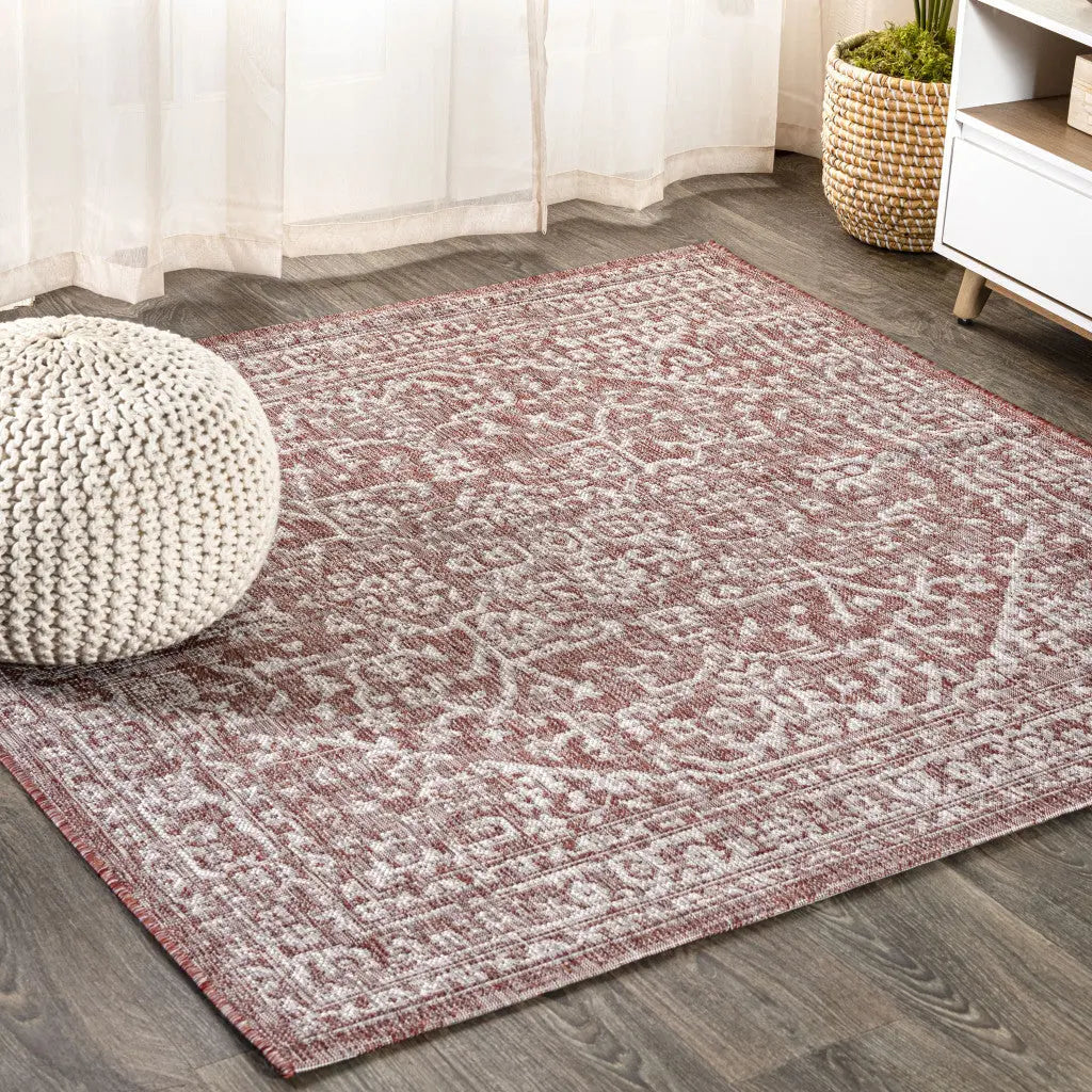 9' Red And Taupe Square Medallion Indoor Outdoor Area Rug Homeroots Outdoor