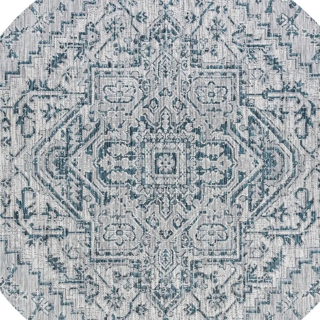 9' Teal Blue And Gray Round Medallion Indoor Outdoor Area Rug Homeroots Outdoor