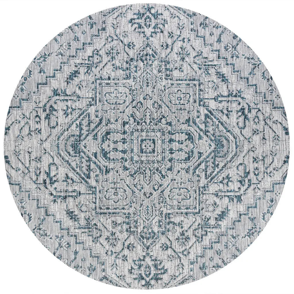 9' Teal Blue And Gray Round Medallion Indoor Outdoor Area Rug Homeroots Outdoor