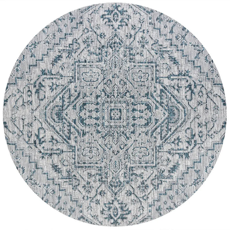 9' Teal Blue And Gray Round Medallion Indoor Outdoor Area Rug Homeroots Outdoor