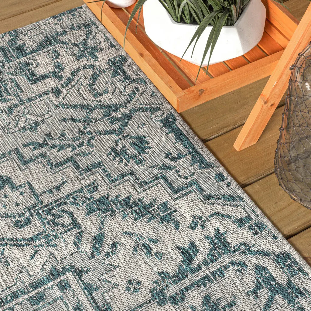 9' Teal Blue And Gray Round Medallion Indoor Outdoor Area Rug Homeroots Outdoor