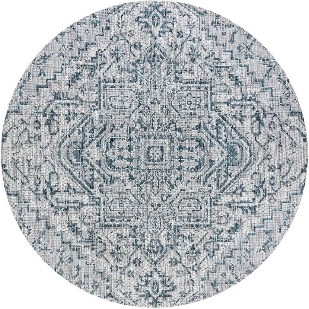 9' Teal Blue And Gray Round Medallion Indoor Outdoor Area Rug Homeroots Outdoor