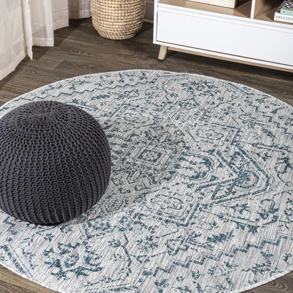 9' Teal Blue And Gray Round Medallion Indoor Outdoor Area Rug Homeroots Outdoor