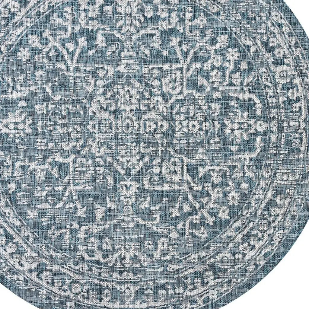 9' Teal Blue And Gray Round Medallion Indoor Outdoor Area Rug Homeroots Outdoor