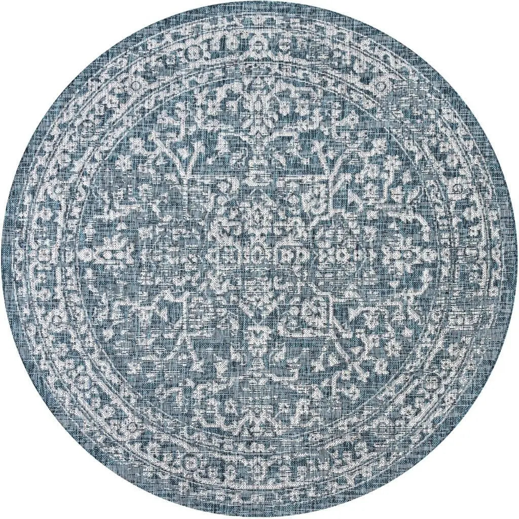9' Teal Blue And Gray Round Medallion Indoor Outdoor Area Rug Homeroots Outdoor
