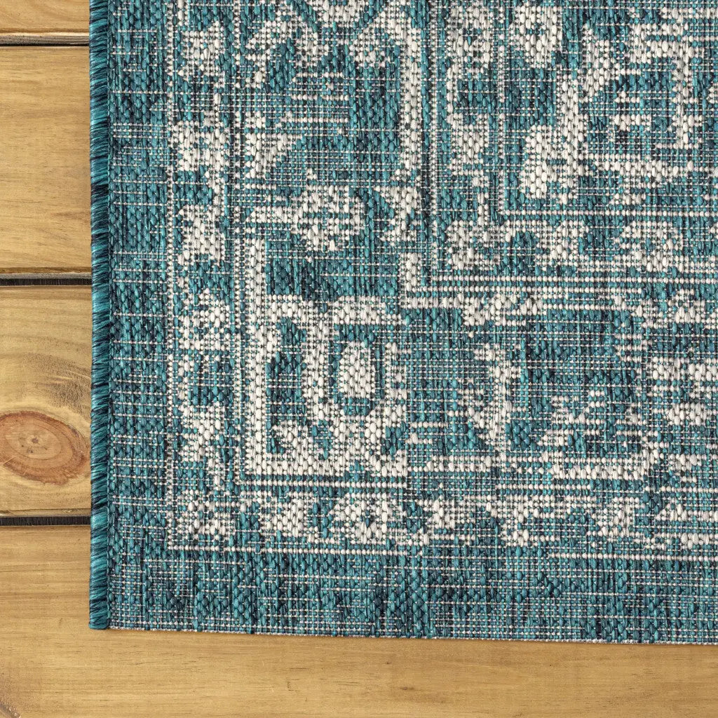 9' Teal Blue And Gray Round Medallion Indoor Outdoor Area Rug Homeroots Outdoor