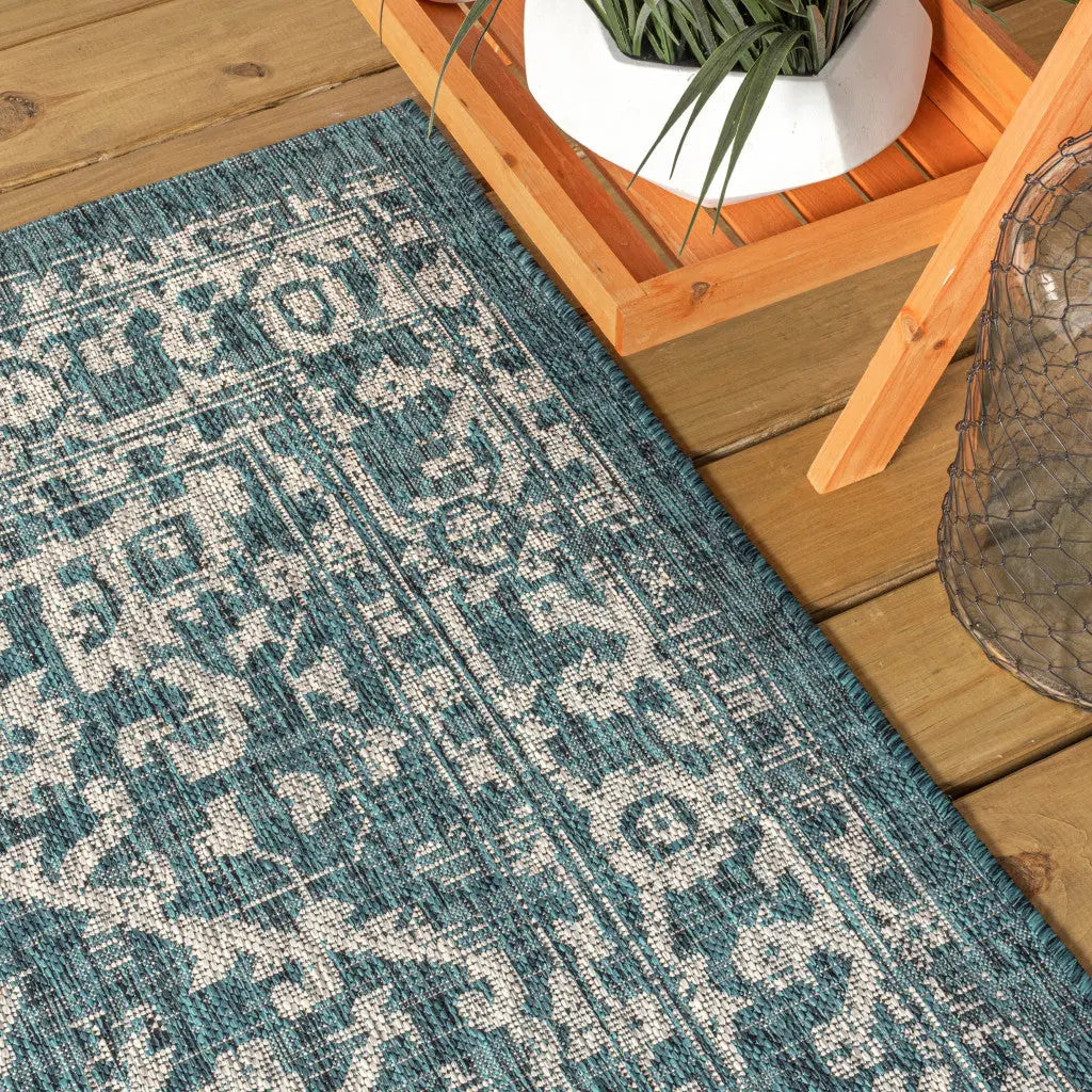 9' Teal Blue And Gray Round Medallion Indoor Outdoor Area Rug Homeroots Outdoor