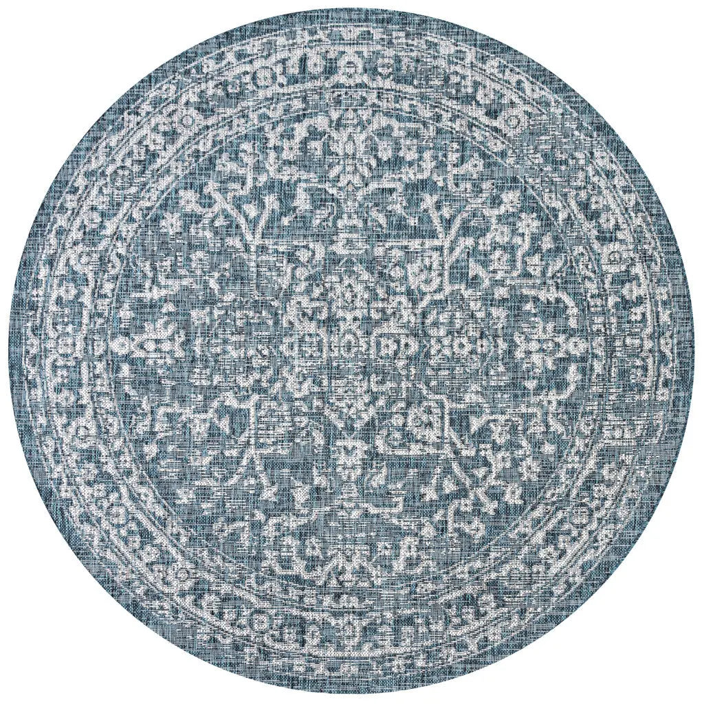 9' Teal Blue And Gray Round Medallion Indoor Outdoor Area Rug Homeroots Outdoor