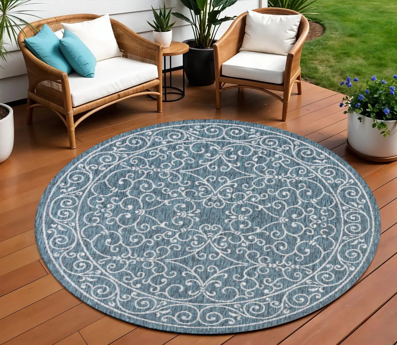 9' Teal Blue And Gray Round Medallion Indoor Outdoor Area Rug Homeroots Outdoor