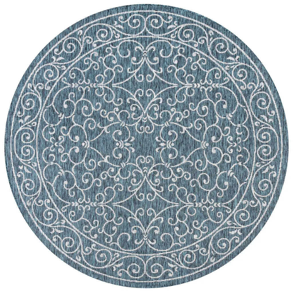 9' Teal Blue And Gray Round Medallion Indoor Outdoor Area Rug Homeroots Outdoor