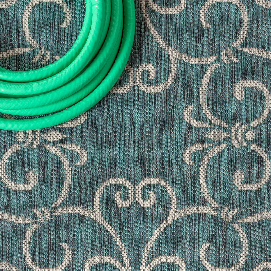 9' Teal Blue And Gray Round Medallion Indoor Outdoor Area Rug Homeroots Outdoor
