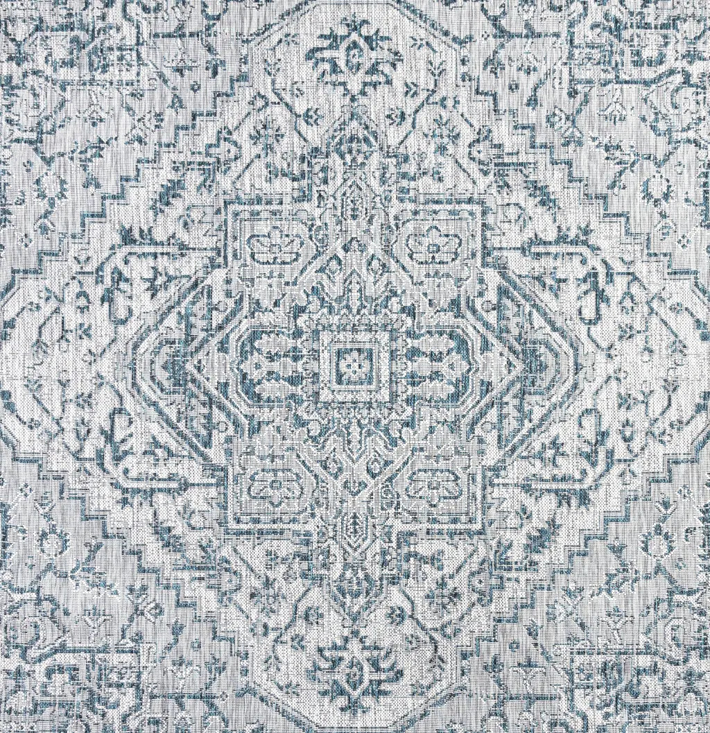 9' Teal Blue And Gray Square Medallion Indoor Outdoor Area Rug Homeroots Outdoor