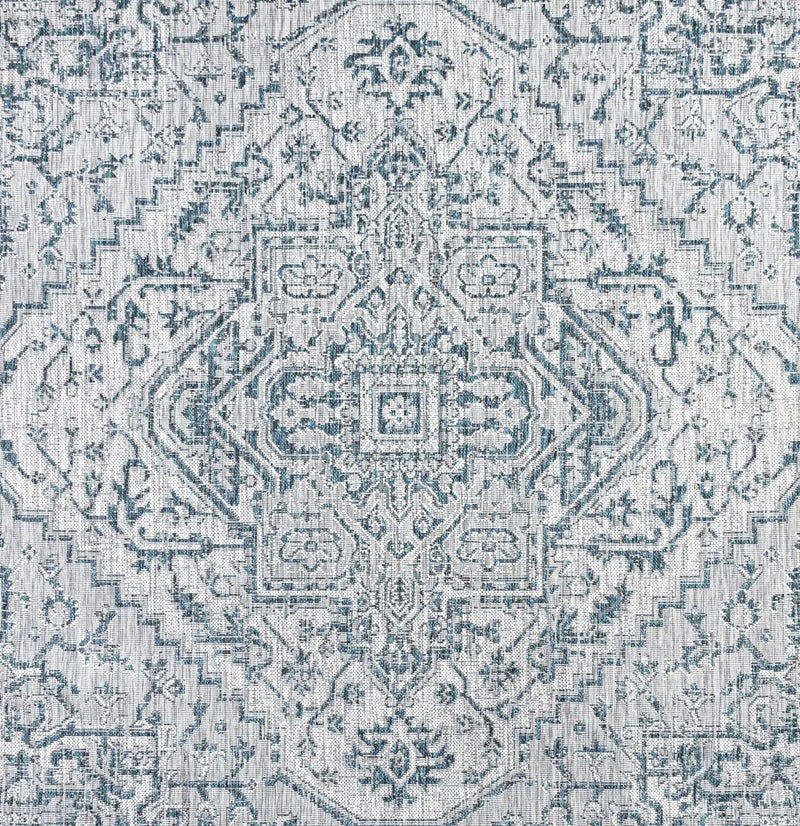9' Teal Blue And Gray Square Medallion Indoor Outdoor Area Rug Homeroots Outdoor