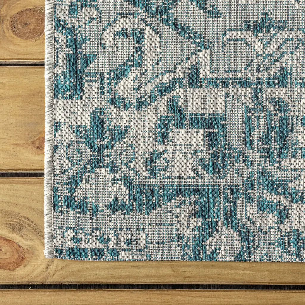 9' Teal Blue And Gray Square Medallion Indoor Outdoor Area Rug Homeroots Outdoor