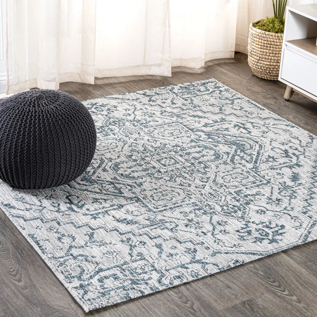 9' Teal Blue And Gray Square Medallion Indoor Outdoor Area Rug Homeroots Outdoor