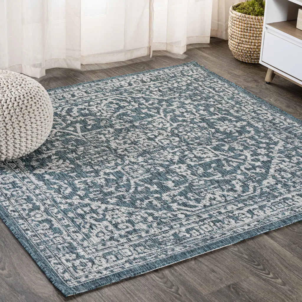 9' Teal Blue And Gray Square Medallion Indoor Outdoor Area Rug Homeroots Outdoor