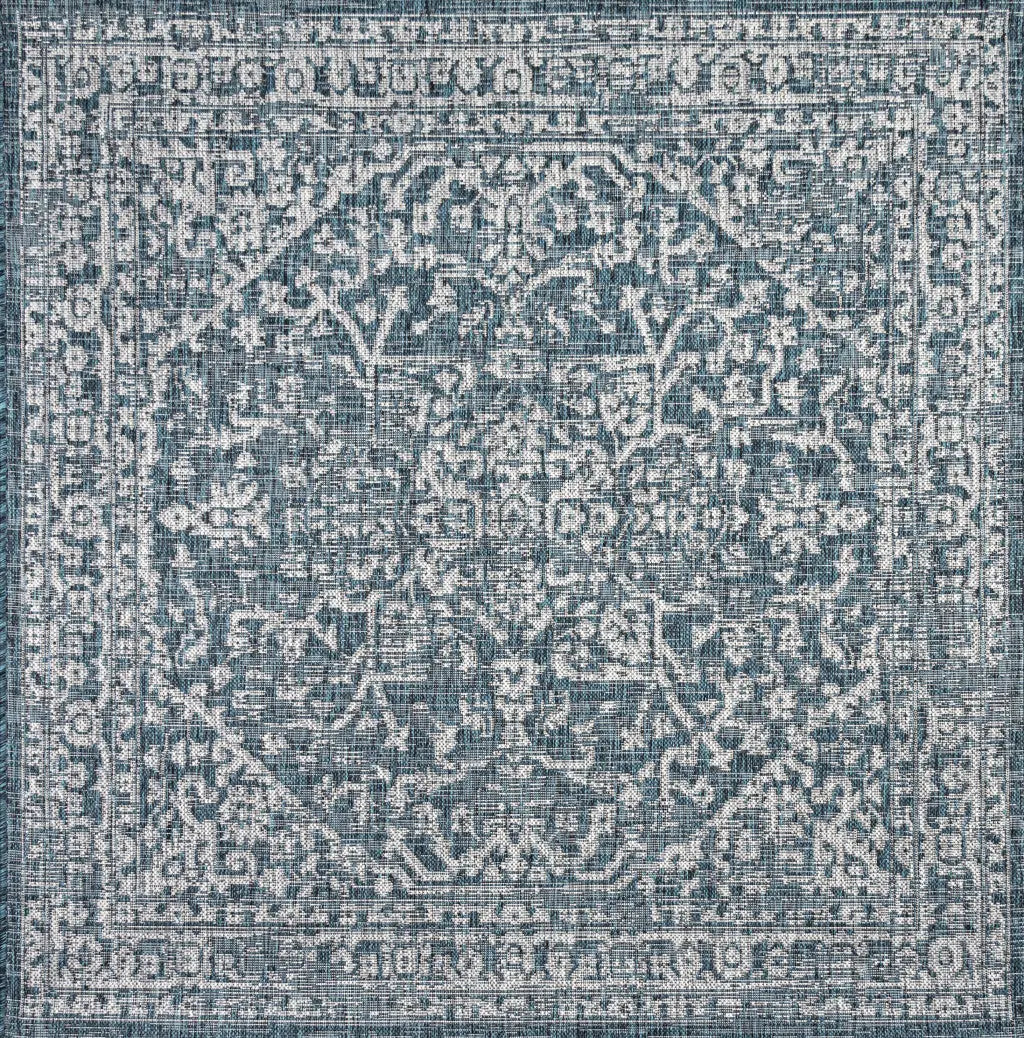 9' Teal Blue And Gray Square Medallion Indoor Outdoor Area Rug Homeroots Outdoor