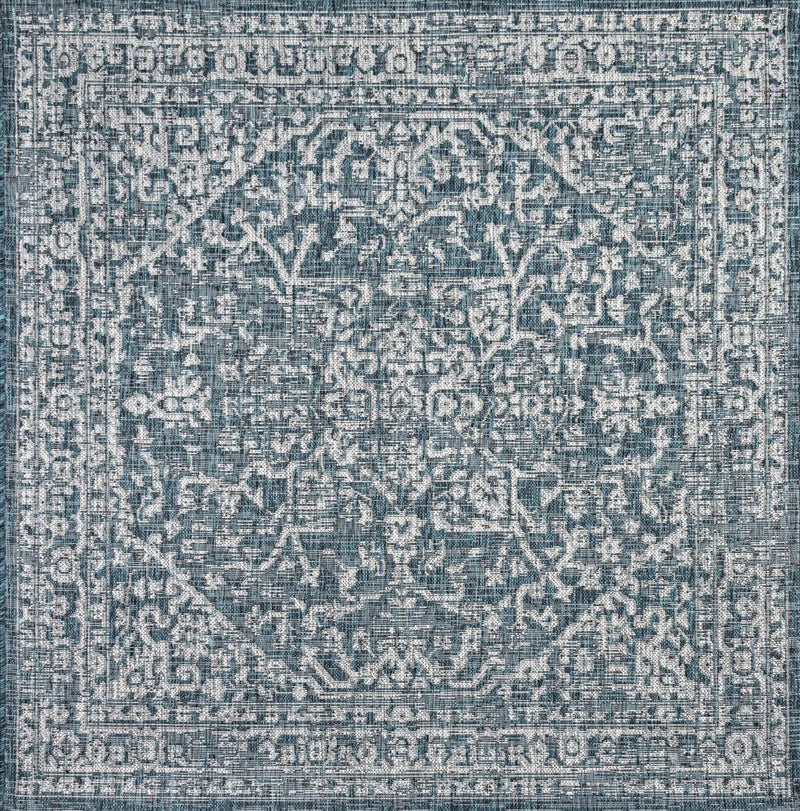 9' Teal Blue And Gray Square Medallion Indoor Outdoor Area Rug Homeroots Outdoor
