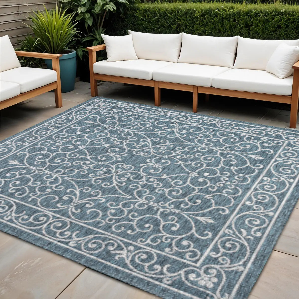 9' Teal Blue And Gray Square Medallion Indoor Outdoor Area Rug Homeroots Outdoor