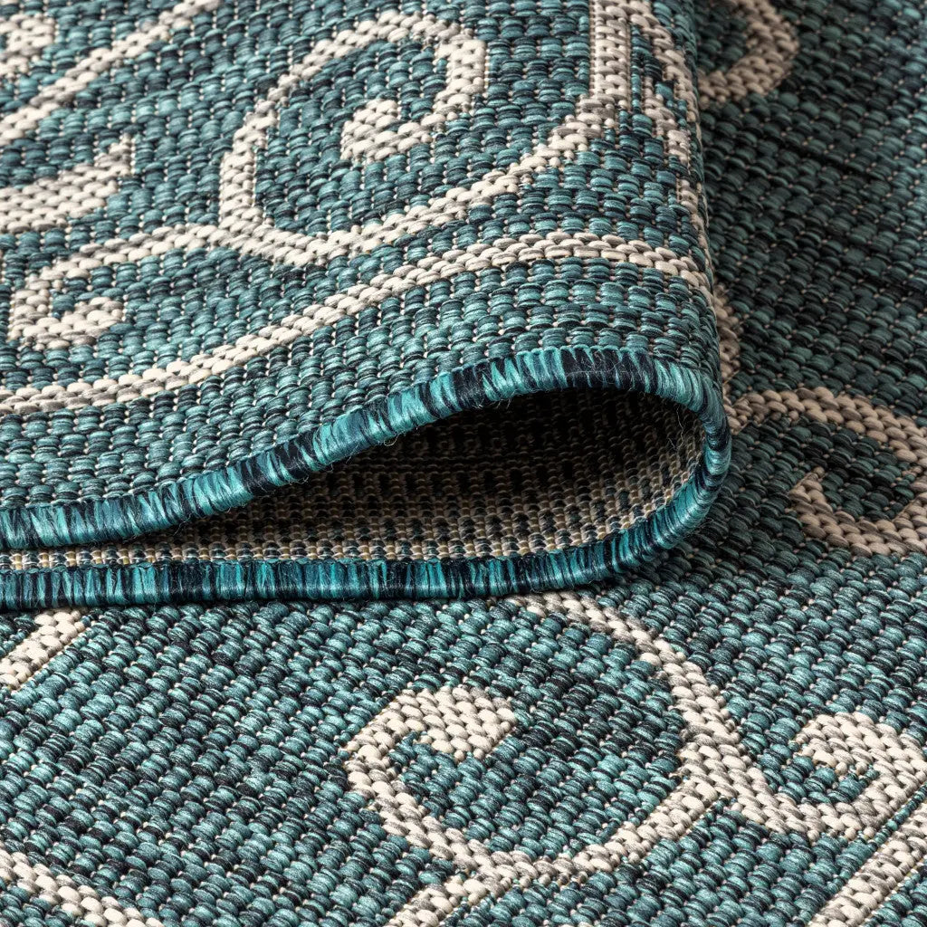 9' Teal Blue And Gray Square Medallion Indoor Outdoor Area Rug Homeroots Outdoor