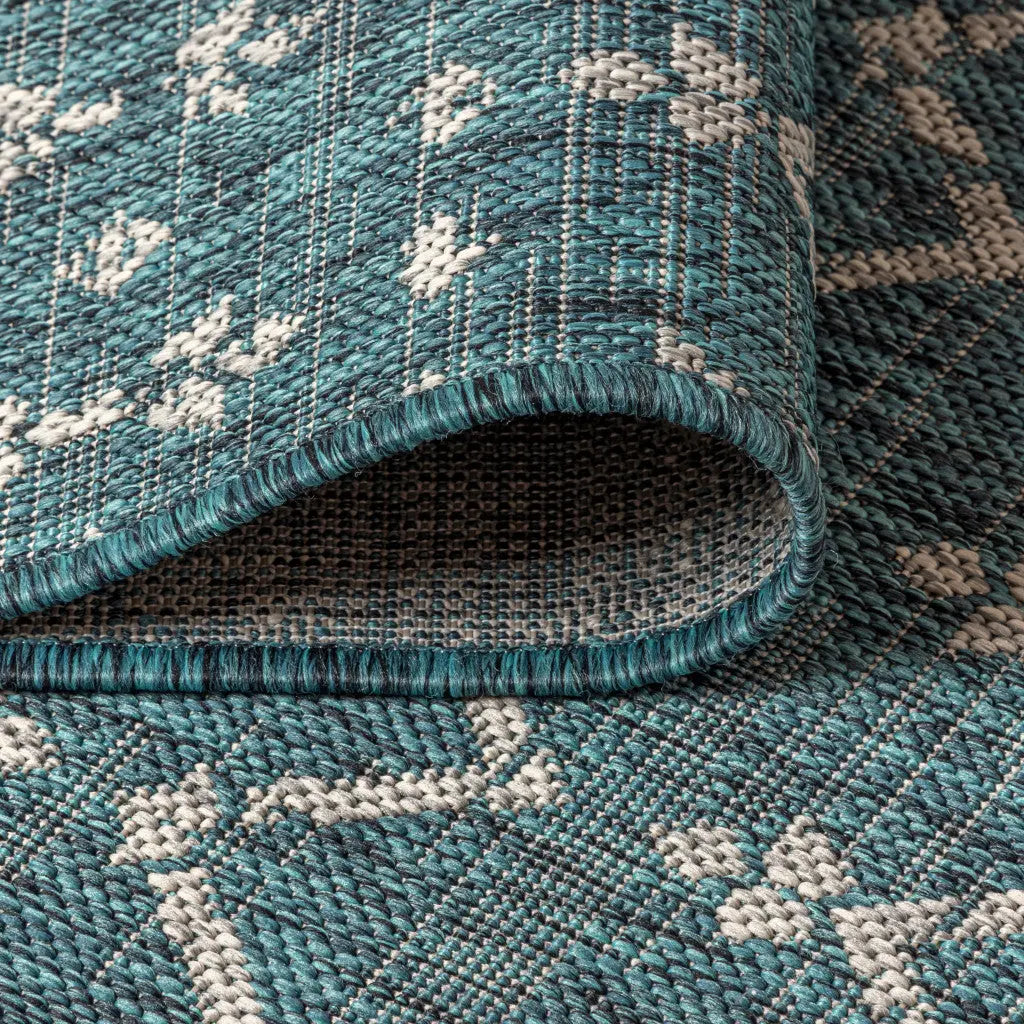 9' Teal Blue And Gray Square Trellis Indoor Outdoor Area Rug Homeroots Outdoor
