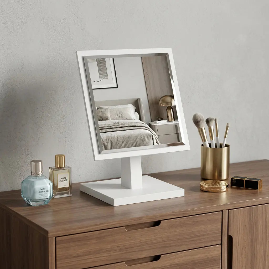 9" White Wood Square Freestanding Framed Makeup Shaving Tabletop Mirror Homeroots Bed & Bath