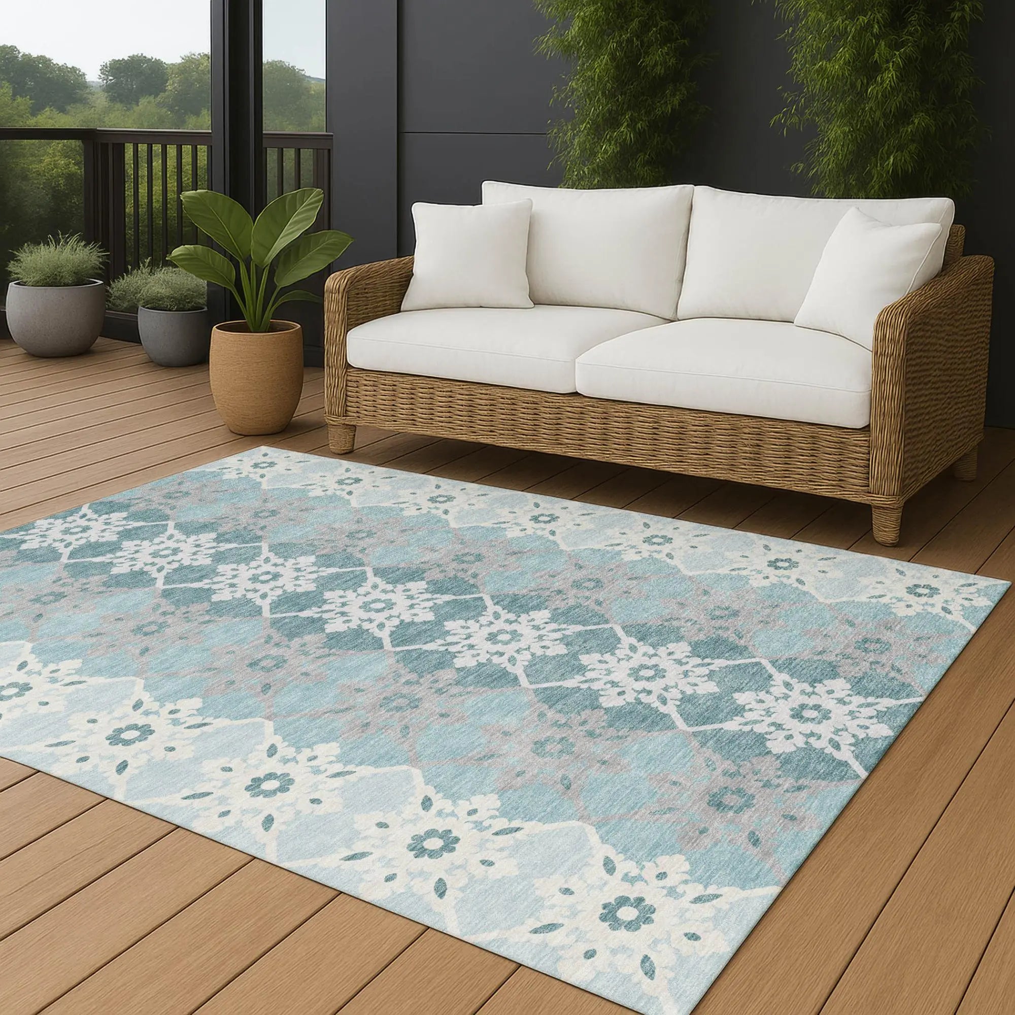 9' X 12' Aqua And Teal Blue Floral Medallion Washable Indoor Outdoor Area Rug Homeroots Outdoor