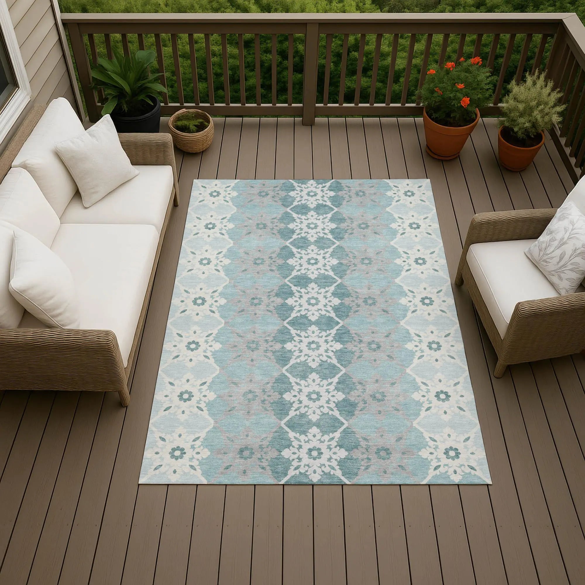 9' X 12' Aqua And Teal Blue Floral Medallion Washable Indoor Outdoor Area Rug Homeroots Outdoor