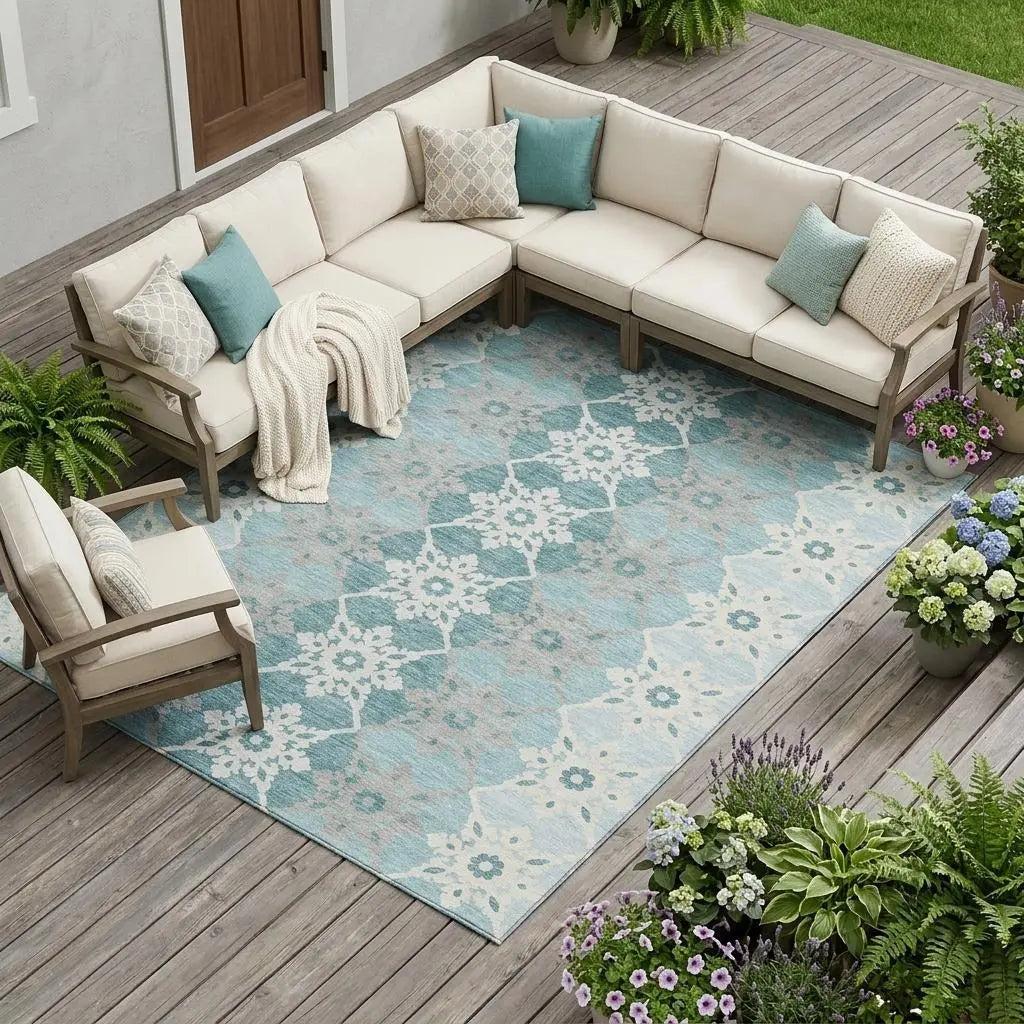 9' X 12' Aqua And Teal Blue Floral Medallion Washable Indoor Outdoor Area Rug Homeroots Outdoor