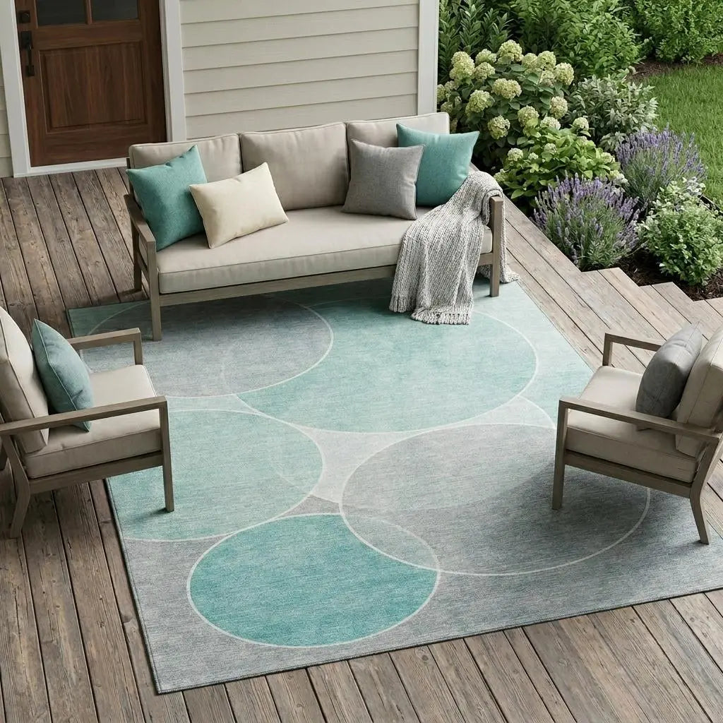 9' X 12' Aqua And Teal Blue Geometric Washable Indoor Outdoor Area Rug Homeroots Outdoor
