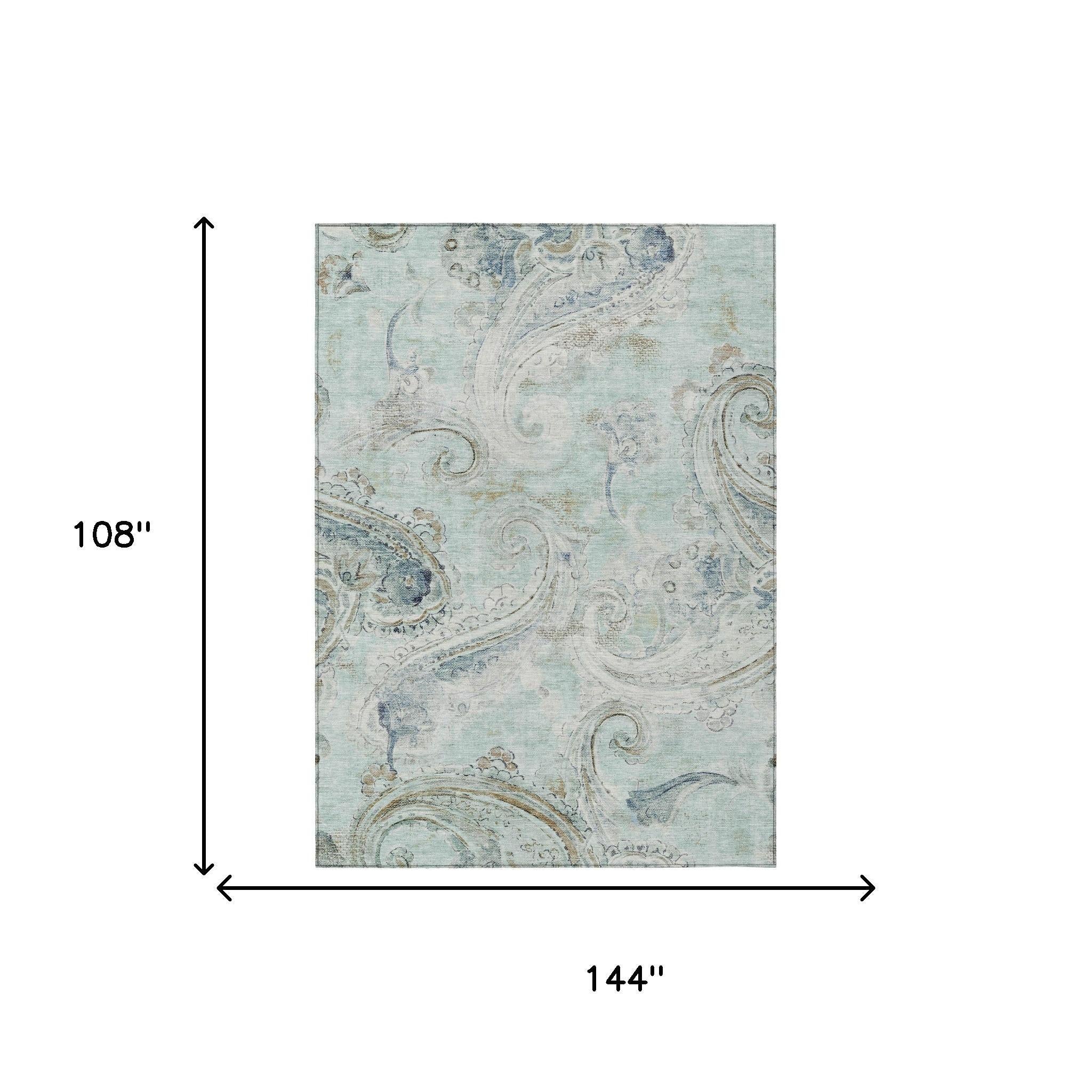 9' X 12' Aqua And Teal Blue Paisley Washable Indoor Outdoor Area Rug Homeroots Outdoor