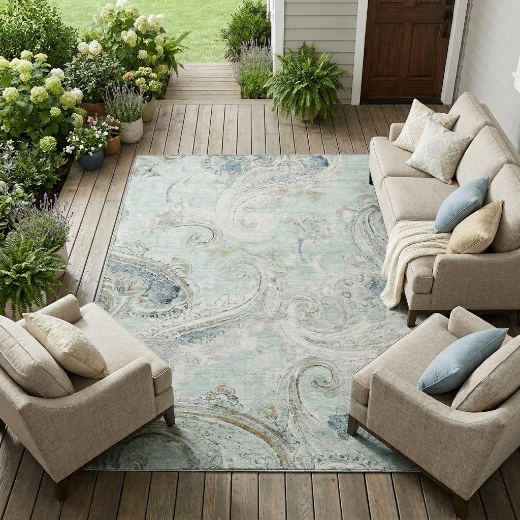 9' X 12' Aqua And Teal Blue Paisley Washable Indoor Outdoor Area Rug Homeroots Outdoor