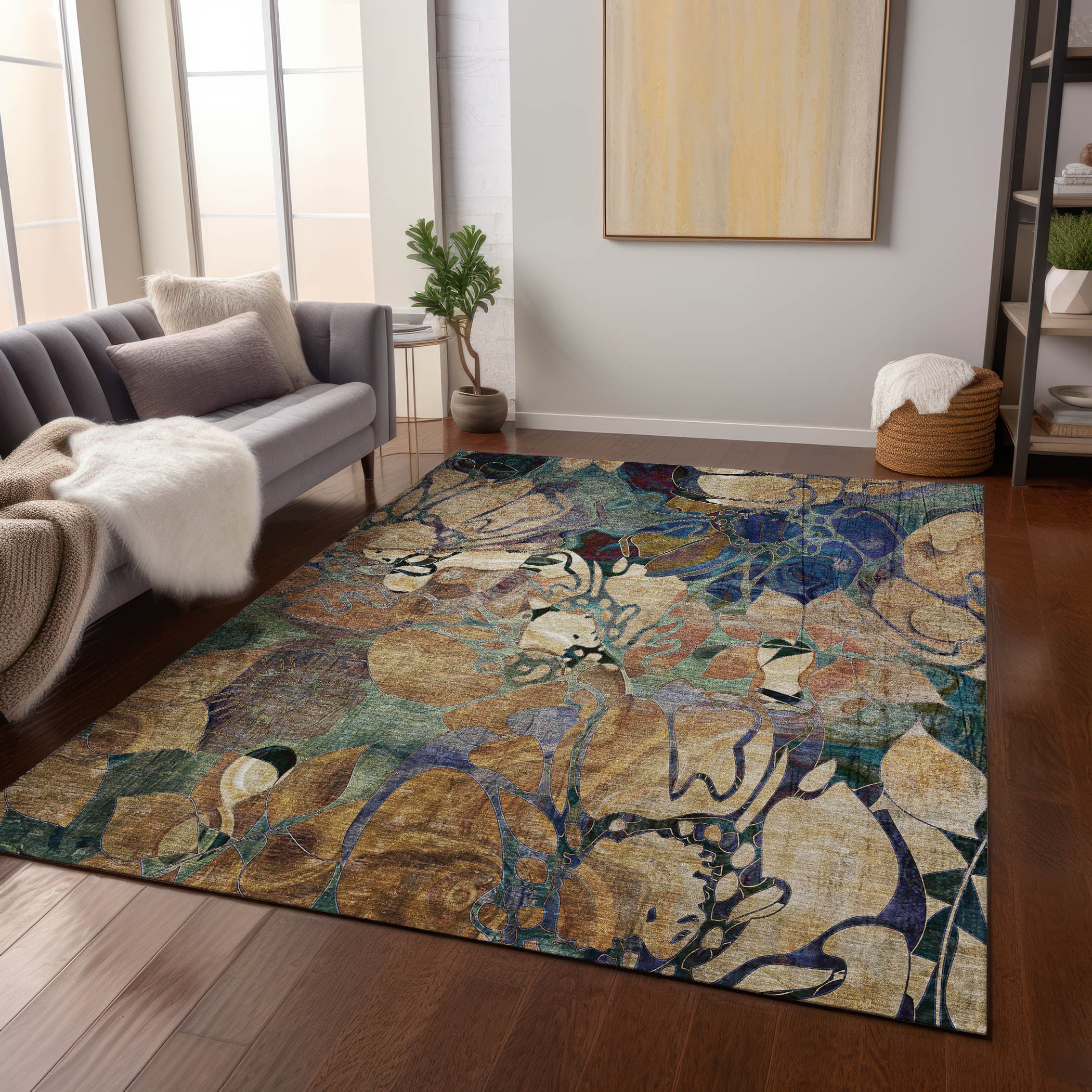 9' X 12' Beige And Blue Abstract Washable Indoor Outdoor Area Rug - GreatEagleInc