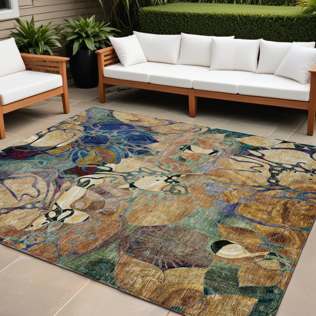 9' X 12' Beige And Blue Abstract Washable Indoor Outdoor Area Rug - GreatEagleInc