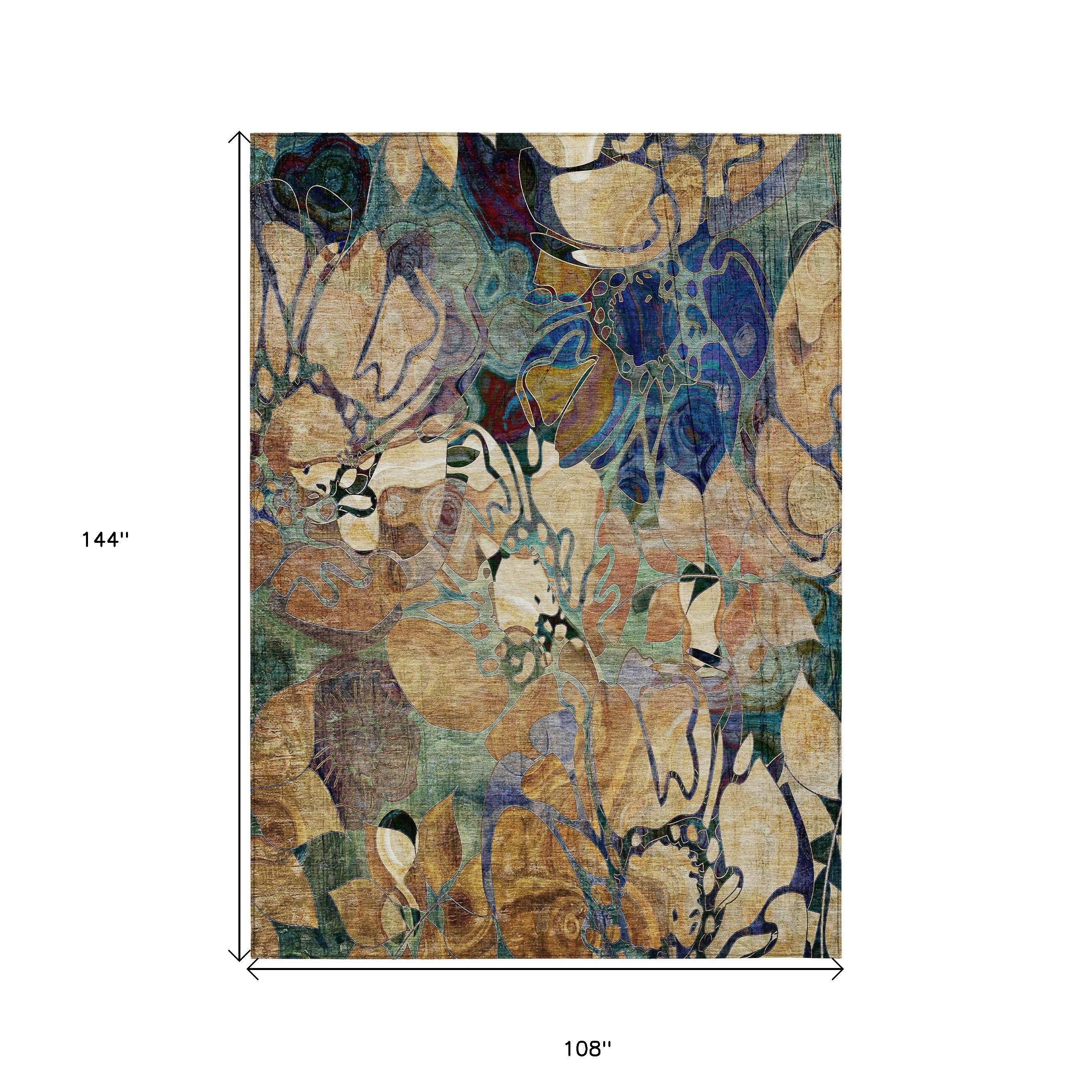 9' X 12' Beige And Blue Abstract Washable Indoor Outdoor Area Rug - GreatEagleInc