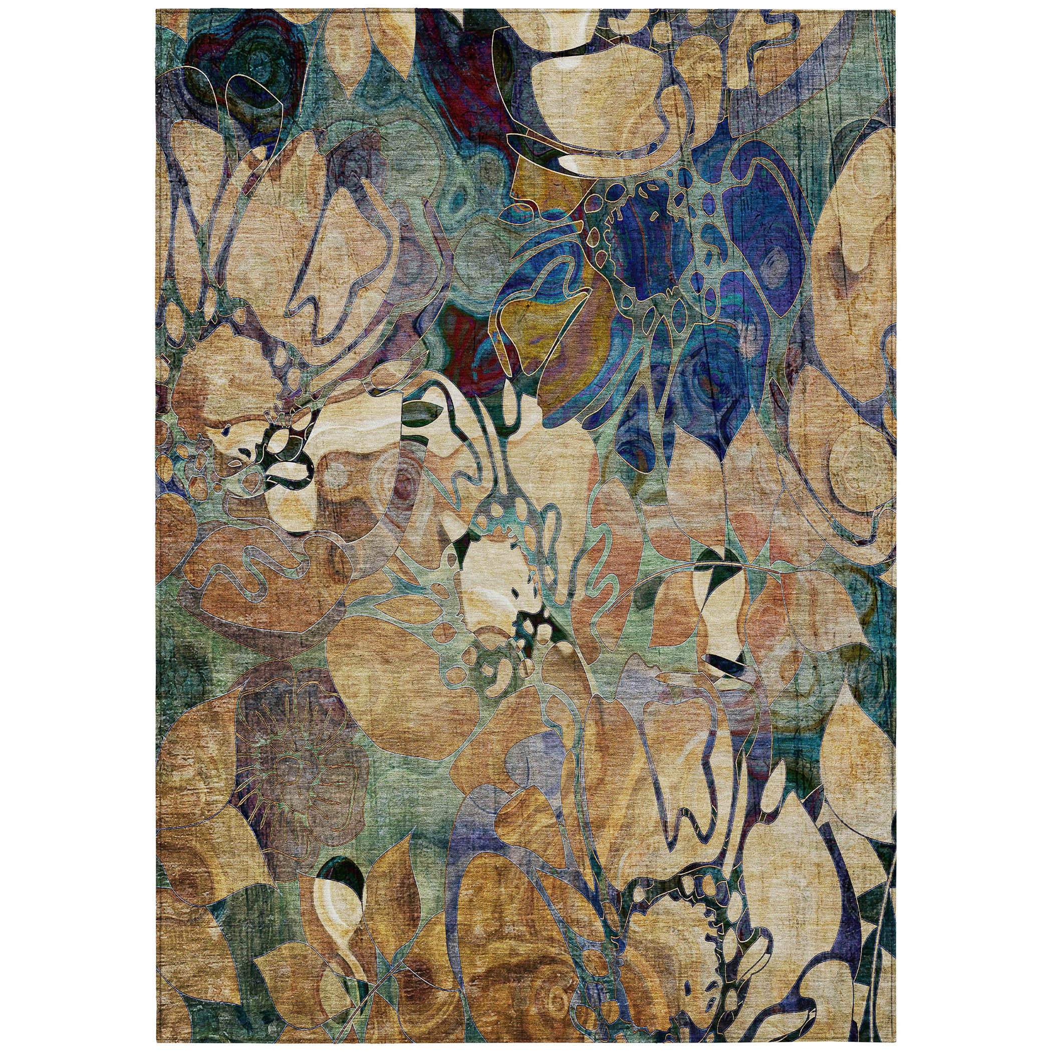 9' X 12' Beige And Blue Abstract Washable Indoor Outdoor Area Rug - GreatEagleInc